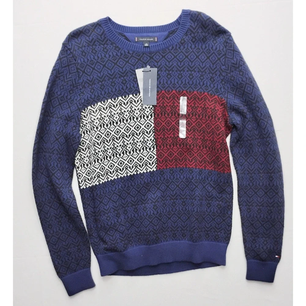 Tommy Hilfiger Knit Long Sweater Sweater Size Large Flag Aztec Print